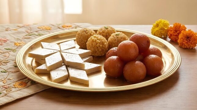 Brass tray of homemade Indian sweets prepared for Vijayadashami celebration