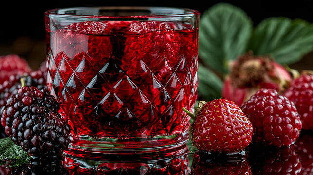 Refreshing berry cocktail in patterned glass with fresh forest fruits