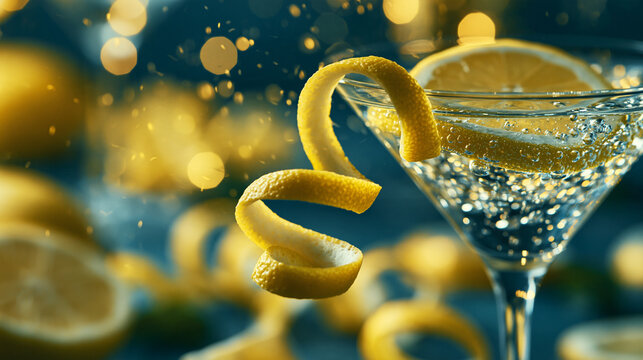 Refreshing cocktail served in martini glass with elegant lemon peel spiral garnish