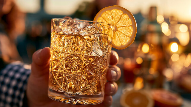 Person holding chilled whiskey glass with orange slice and ice cubes during outdoor sunset