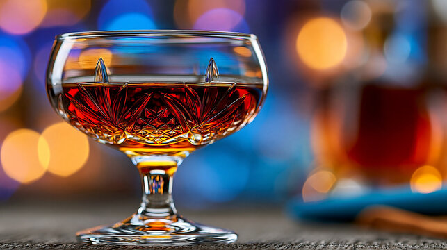 Elegant glass of dark amber alcoholic spirit served on textured table with blurred blue
