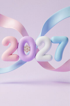 Pastel three dimensional 2027 numerals with snowflake ornament and curling ribbons. New Year celebration and winter holiday greeting. Festive seasonal design, calendar transition and copy
