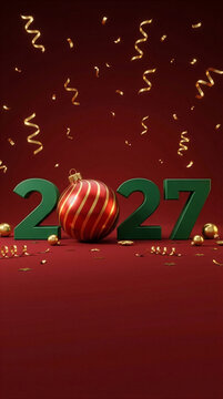 Green 2027 numerals with a striped Christmas ornament and falling gold confetti. New Year celebration. Holiday greeting card design. Festive seasonal party decor.