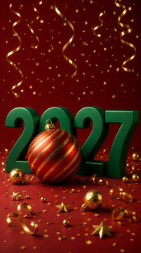 Green 2027 numerals with red and gold Christmas ornaments, ribbon and confetti. New Year celebration. Holiday greeting card design. Seasonal festive decoration and party backdrop.
