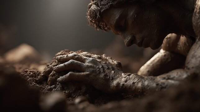Symbolic creation of Adam from clay in dramatic warm light