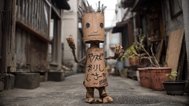 handmade puppet made from scrap cardboard pieces, rough torn cardboard edges, cylindrical paper tube neck, naive marker drawings on cardboard, standing in a narrow Japanese alley