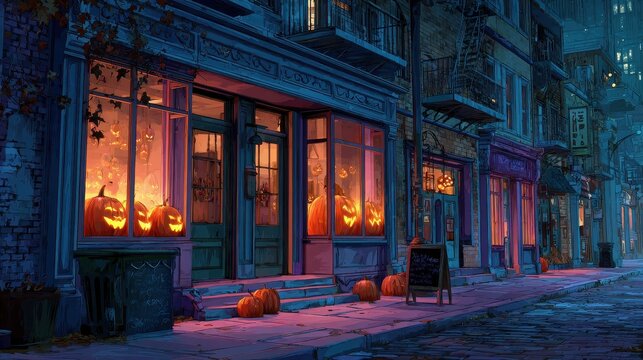 Glowing jack-o-lantern pumpkins on a dark neon lit city street at night