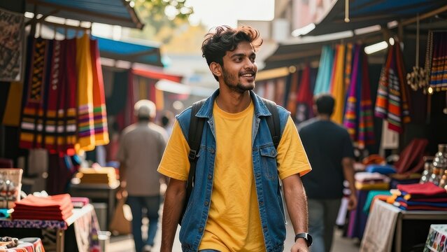 Young man traveling through a colorful street market