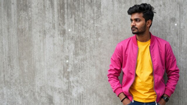 Young Indian man leaning against a concrete wall wearing colorful jack