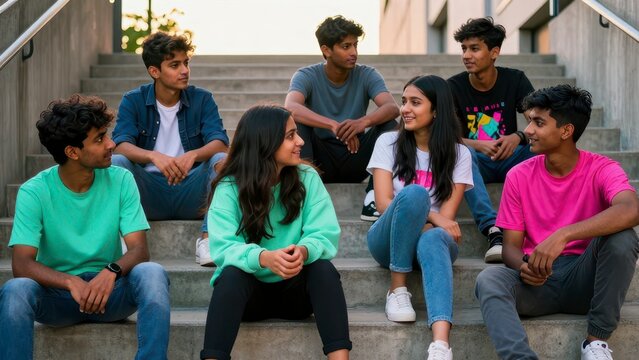 Diverse group of young adults sitting together on stairs outdoors