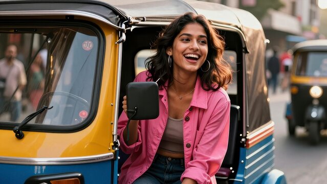 Young Indian woman smiling inside a colorful auto rickshaw