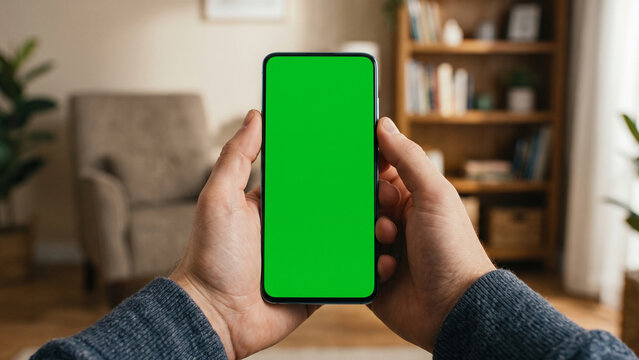 Hands holding green screen smartphone device.
