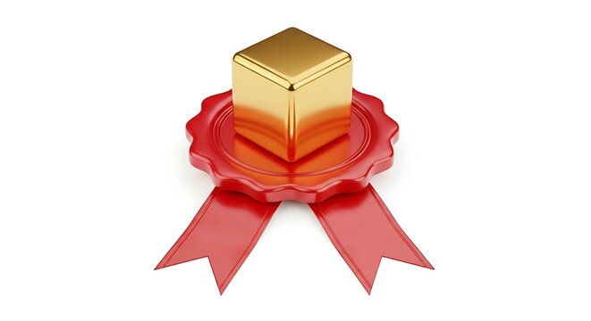 Golden cube placed on red wax seal stamp with official certification business