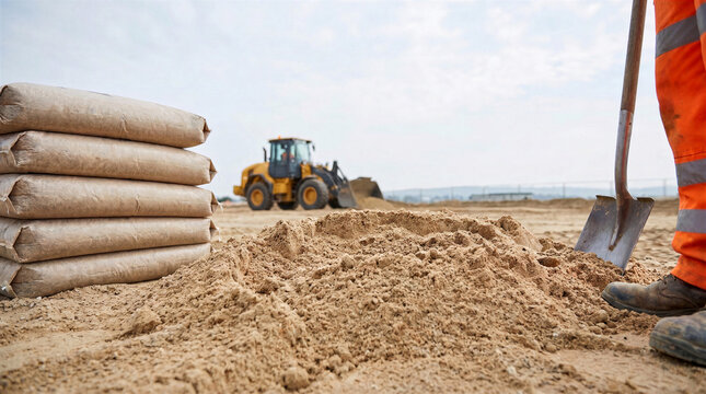 Construction worker with shovel standing near a pile of sand and stacked bags at a construction site with a bulldozer in background