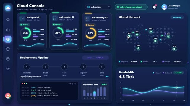 Modern dark mode cloud console dashboard UI with global network metrics and deployment pipeline.