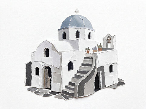 Traditional Greek Cycladic House Ripped Paper Craft Illustration Isolated on White Background, Santorini Heritage Architecture Torn Paper Design