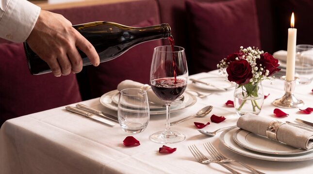 Romantic Dinner Setting: A waiter pours red wine into a glass on a beautifully set table, adorned with rose petals and a candle, creating an intimate atmosphere for a romantic evening.