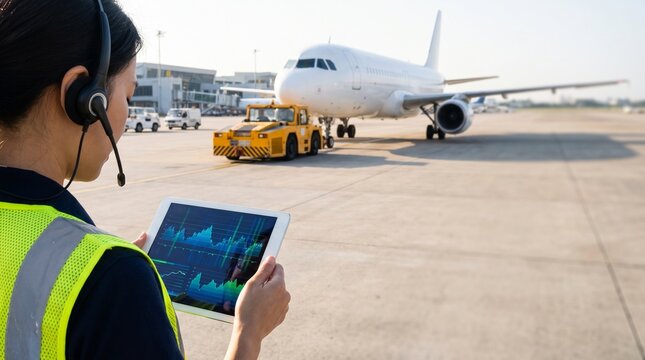 Airport Operations Management: An airport worker, wearing a headset and high-visibility vest, monitors operations on a tablet showing financial charts.