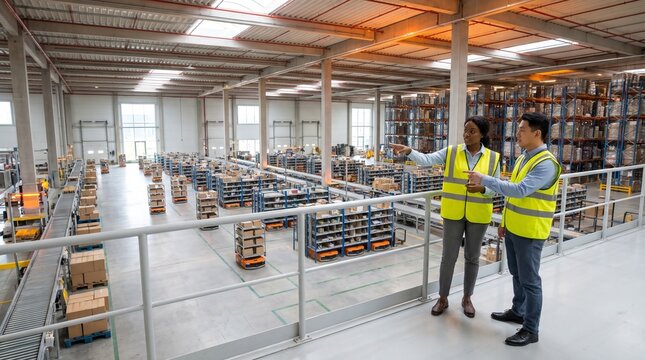 Warehouse Logistics Supervision: Two professionals in high-visibility vests oversee operations in a modern, spacious warehouse, inspecting inventory and delivery systems.