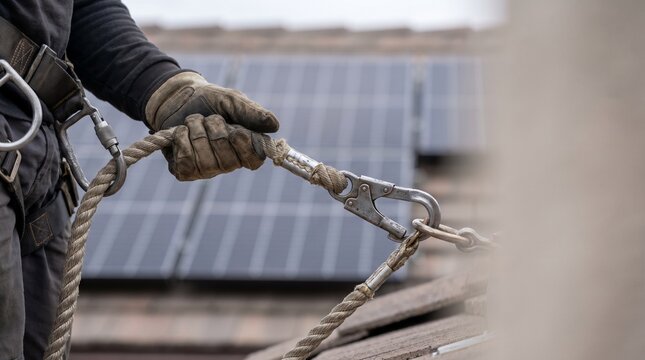 Rooftop Safety Harness: A close-up of a worker's gloved hand securing a safety harness rope with carabiner, with solar panels visible on a rooftop in the background.