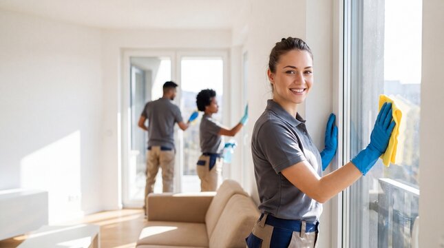 Professional Cleaning Crew: A team of uniformed cleaning professionals meticulously cleans a modern living space, with one crew member smiling confidently at the camera while wiping a large window.