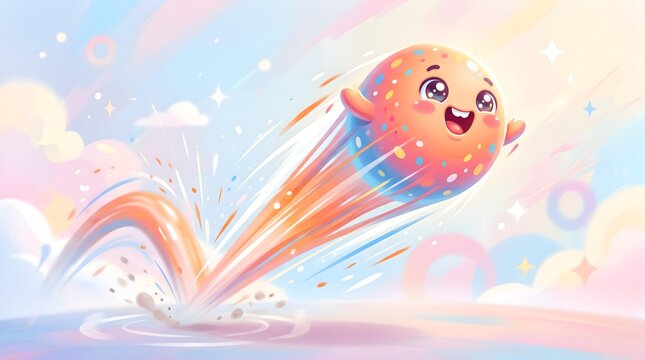 Minimal Geometric 3D Animation for Digital Branding Joyful Animated Character Leaping Through Vibrant Pastel Sky in Whimsical Fantasy World Illustration