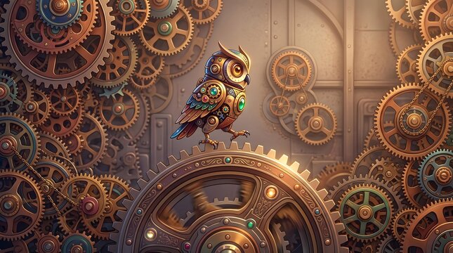 Minimal Geometric 3D Animation Steampunk Owl with Intricate Gears in Vintage Industrial Setting Surrounded by Mechanical Cogs and Wheels for Conceptual Automation and Innovation Visualization