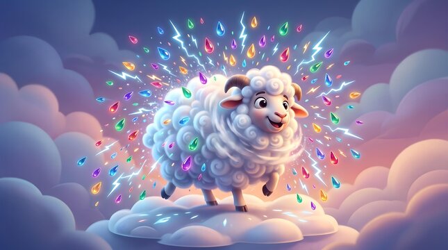 Minimal Geometric 3D Animation for Digital Branding Magical Sheep on Cloud with Colorful Raindrops and Lightning in Dreamy Sky