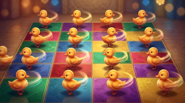 Minimal Geometric 3D Animation for Digital Branding Whimsical Duckling Puzzle on Vibrant Colored Dance Floor in a Surreal Playful Environment with Motion Effect