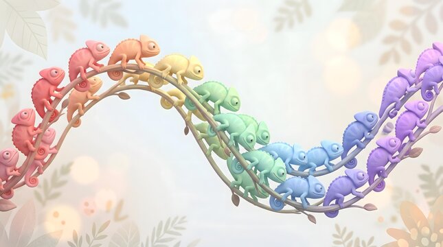 Minimal Geometric 3D Animation for Digital Branding Vibrant Chameleon Parade on Curved Branch in Pastel Rainbow Colors with Soft Bokeh Background and Fantasy Floral Elements
