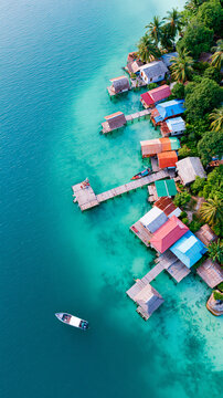Colorful houses built on stilts along a lush tropical shoreline with clear turquoise water and a small boat floating nearby.