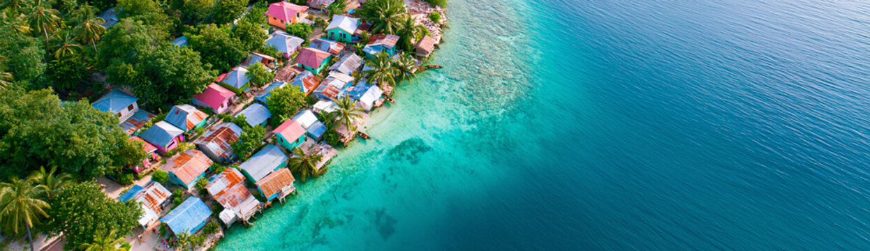 Aerial view of a vibrant coastal village with colorful rooftops, lush greenery, and clear turquoise ocean waters.