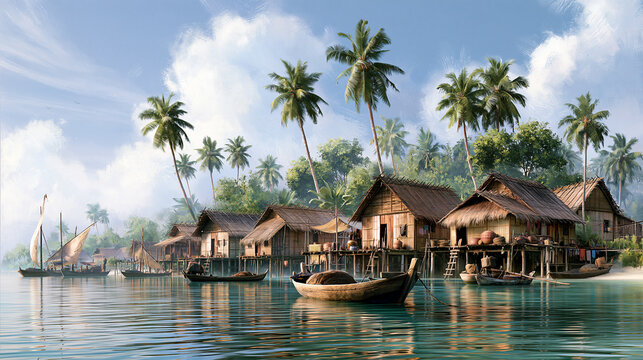 A tropical coastal village with wooden huts, palm trees, boats, and calm water under a partly cloudy blue sky.