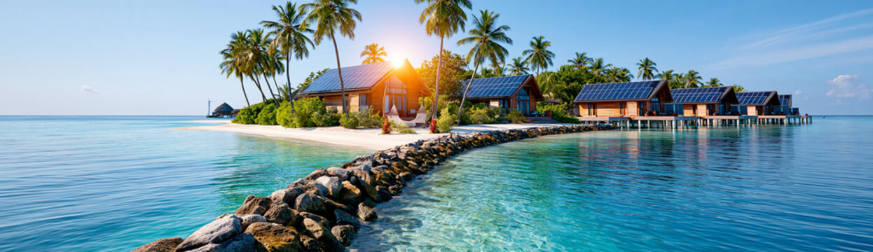 Tropical island resort with overwater bungalows surrounded by clear blue water and palm trees at sunset.