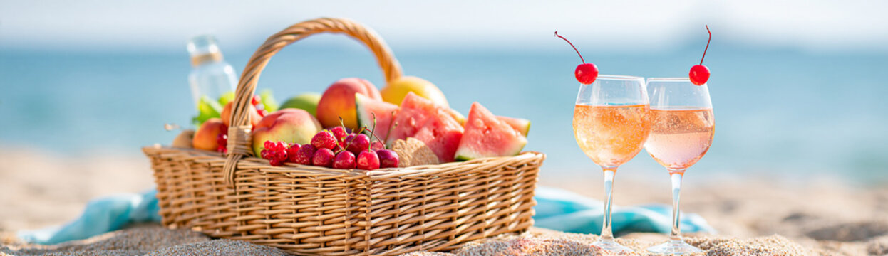 A picnic basket filled with fresh fruits sits on the beach beside two glasses of a chilled drink garnished with cherries under a clear blue sky.