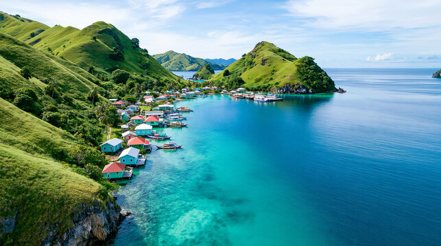 A vibrant coastal village with colorful houses nestled between lush green hills and clear turquoise waters under a bright blue sky.