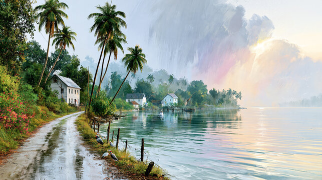 A serene lakeside path lined with palm trees and houses, under a dramatic sky reflecting sunlight on calm waters.