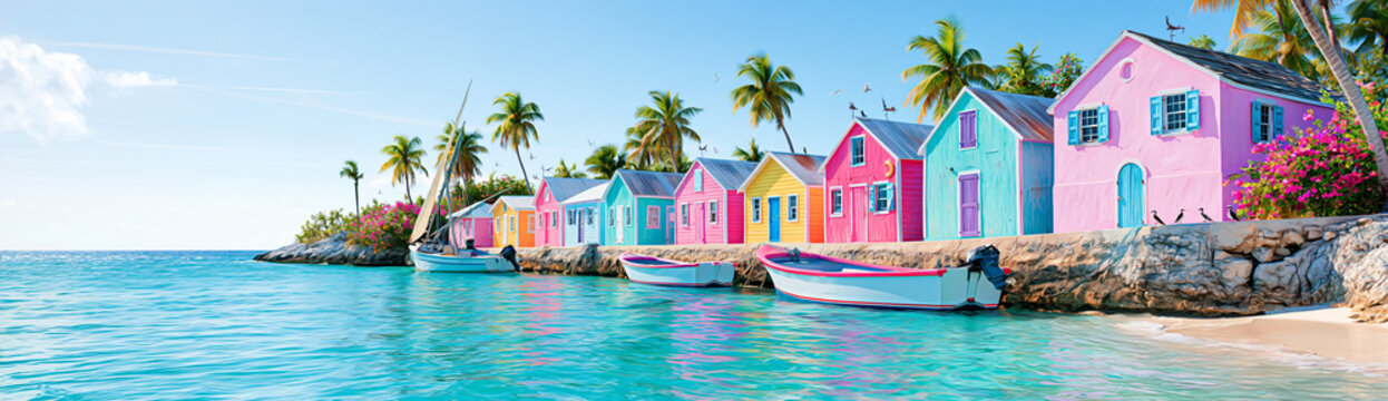 Colorful seaside cottages line the shore with boats docked nearby, framed by palm trees and a bright blue sky.