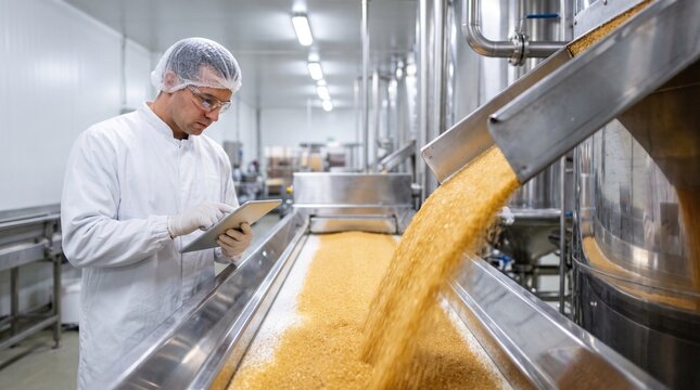 Quality control supervisor in a protective white lab coat, hairnet, gloves, and safety glasses using a digital tablet inside a modern food processing plant next to a conveyor belt with grain