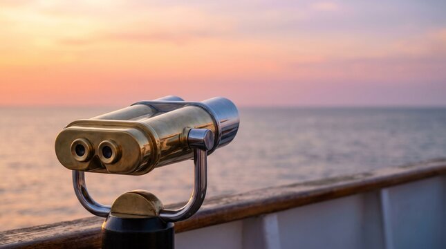 Classic brass tourist binoculars mounted on a cruise ship railing overlooking the calm ocean during a serene pastel sunset, with copy space in the soft sky