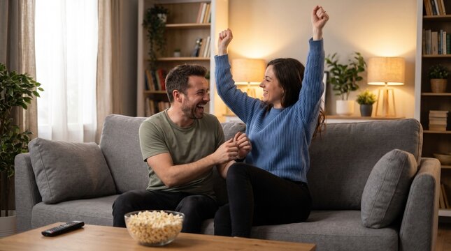 Excited young couple cheering and watching sports game on television together while sitting on cozy grey sofa in modern living room, eating popcorn and celebrating victory with raised arms