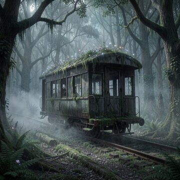 Image shows a forgotten, ancient train carriage in an overgrown forest, bathed in moonlight and mist. Bioluminescent flowers add an otherworldly glow, creating a mysterious and cinematic scene