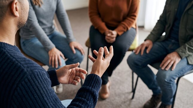 Group therapy session with a counselor leading a support circle discussion with diverse people sharing experiences in a circle