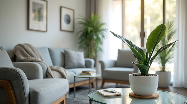 Modern living room interior design with comfortable sofa armchair and green potted houseplant on table in bright light