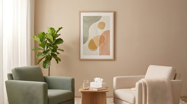 Cozy and modern therapy office interior with comfortable armchairs abstract art and tissue box for counseling