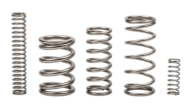 Metal compression springs in varying sizes arranged against a bright studio light for industrial concepts Isolated on transparent background