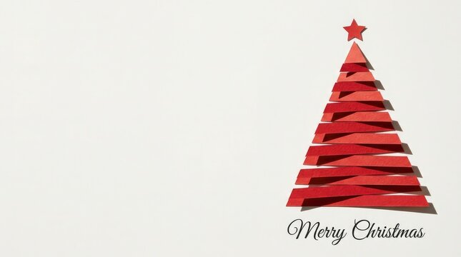 Creative red ribbon christmas tree on white background with seasonal decoration with copy space