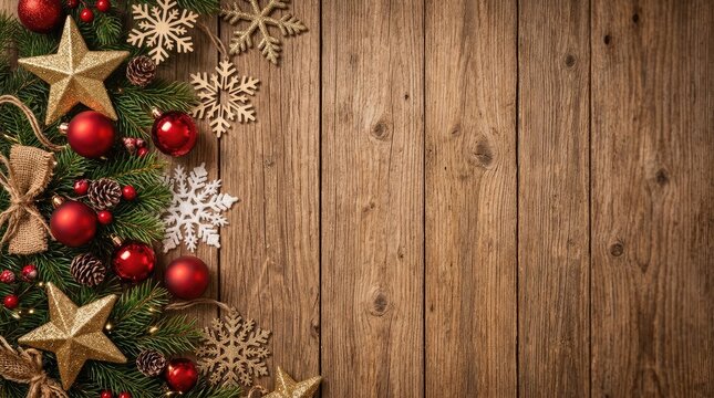 Rustic christmas garland with ornaments on wooden planks holiday decor pine branch with copy space