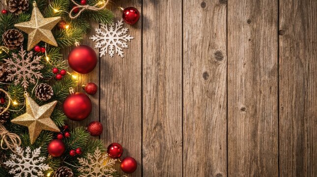 Festive christmas garland with red ornaments and stars on rustic wooden background with copy space