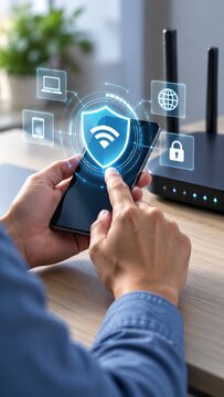 Smartphone user managing secure wireless network and cybersecurity settings on modern router system interface screen.